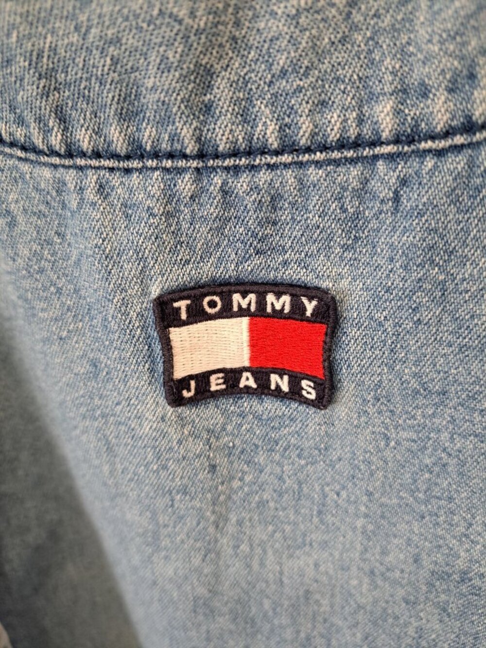 Vtg 90's Tommy Jeans Band Collar Denim Shirt XL Men's Logo Embroidery Button - Picture 3 of 14